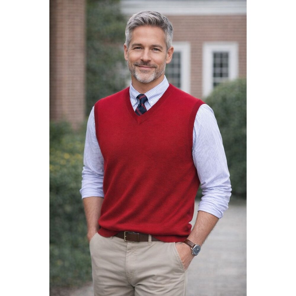 NWT Merino Wool Lightweight Alan Flusser Red VNeck Sweater Vest XL Preppy Office